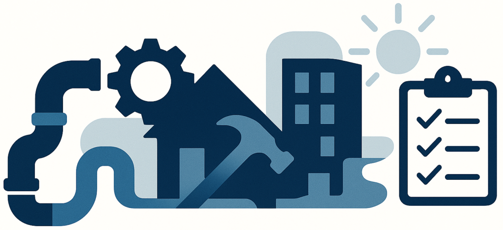 Illustration showing a stylized plumbing pipe, gear, house with a hammer, commercial building, sun, and a checklist clipboard. The elements are arranged horizontally in soft blue tones on a white background, symbolizing construction, maintenance, and property services.