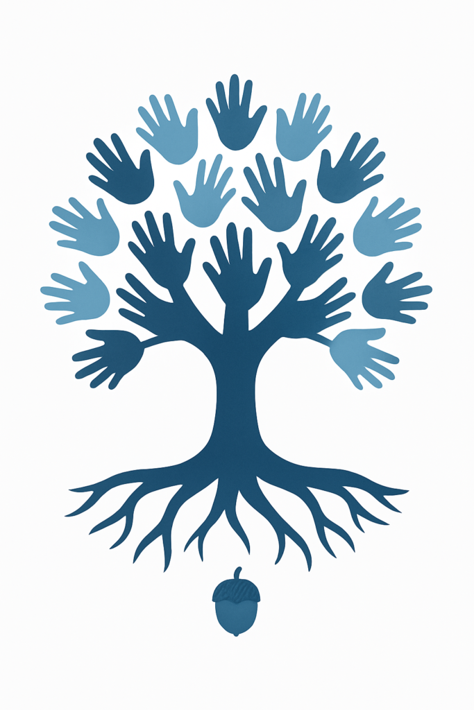A stylized illustration of a large tree made of blue handprints forming the leaves and branches, with strong roots spreading outward below. A small blue acorn sits directly beneath the tree, symbolizing the origin of growth. The background is soft off-white, and the image conveys themes of unity, support, and growth from humble beginnings.
